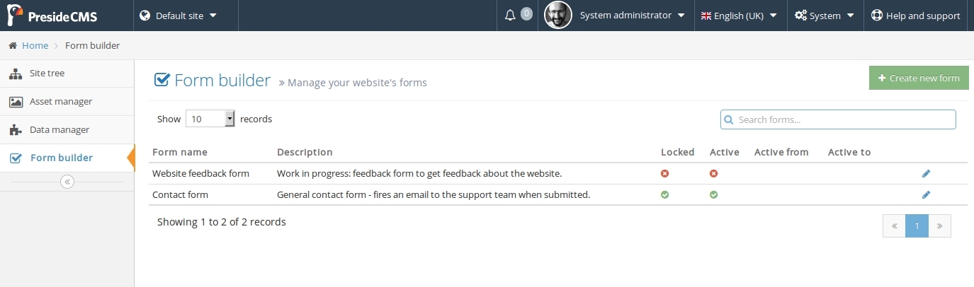Screenshot showing a list of form builder forms