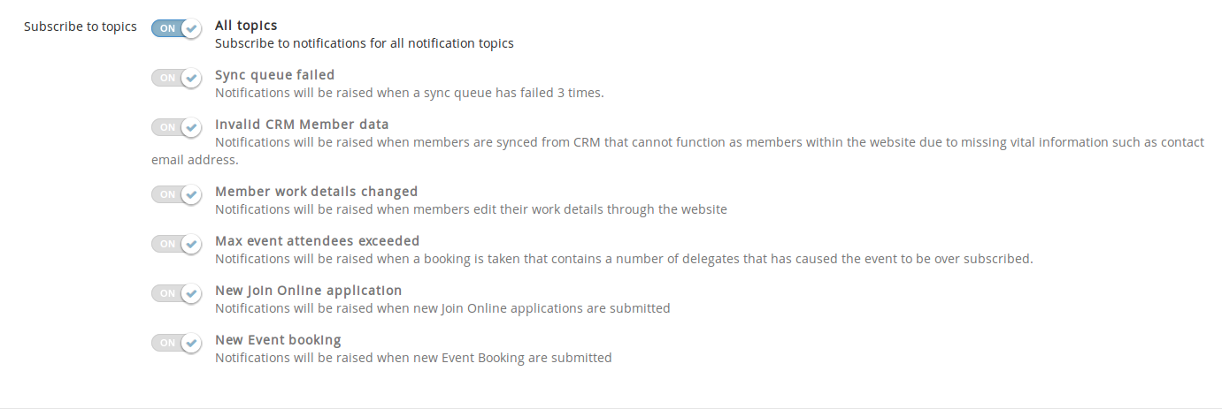 Screenshot of notification topic picker