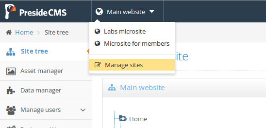 Screenshot showing the site picker that appears in the administrator for users with access to multiple sites and / or users with access to the site manager.