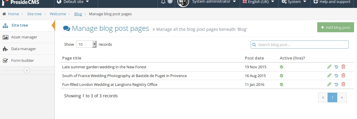 Screenshot of a managed pages grid