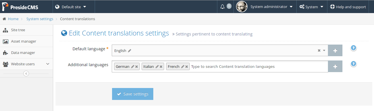 Screenshot showing configuration of content translation languages in the admin user interface