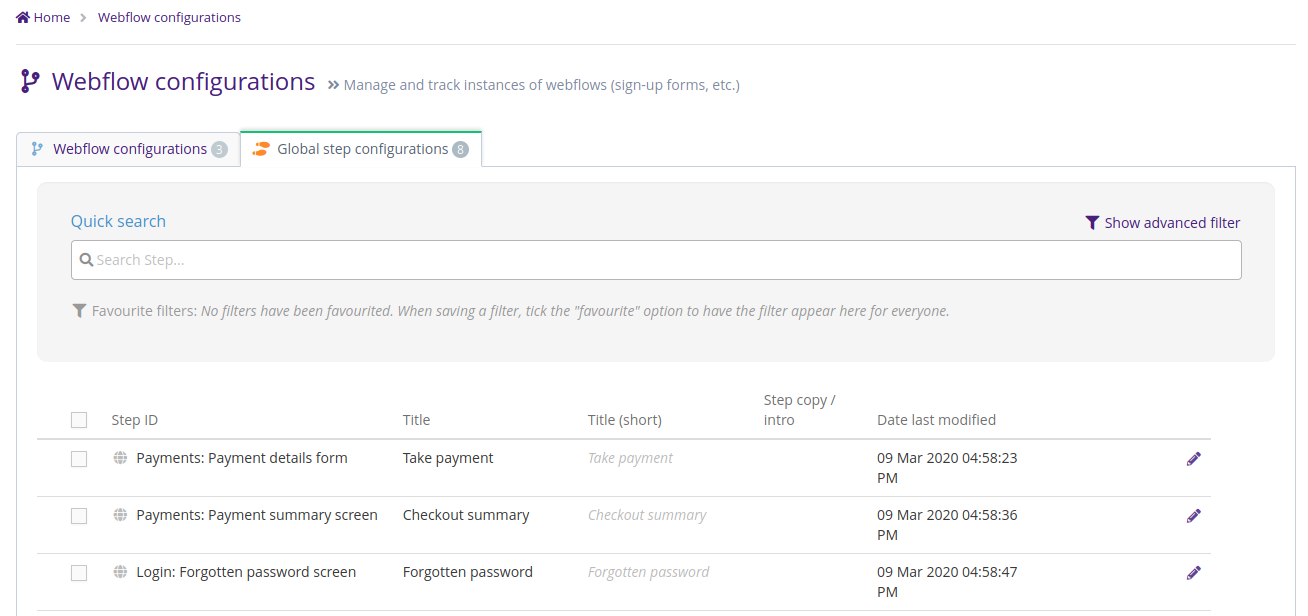 Figure 1: Global steps admin listing screen